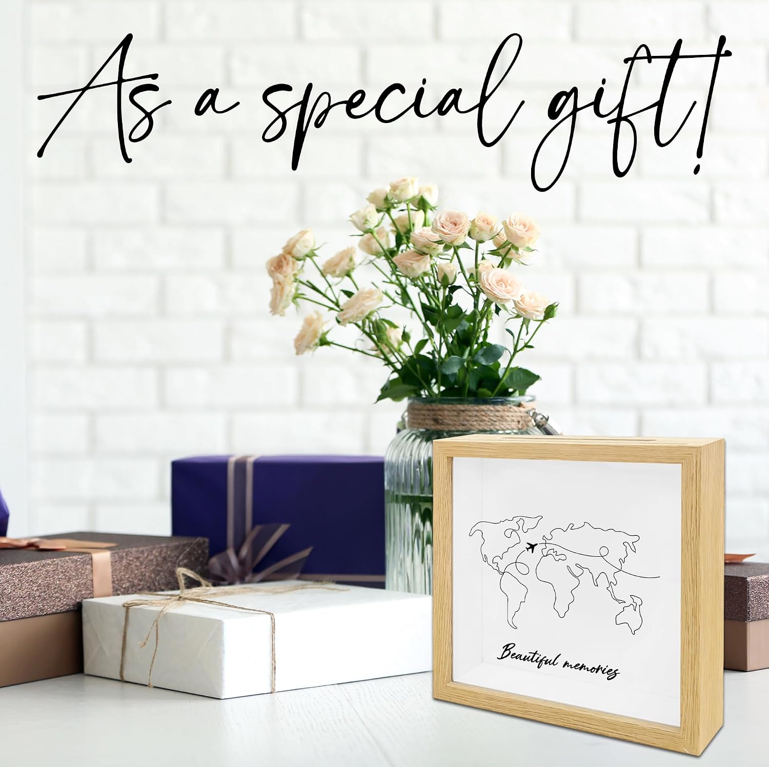 8 x 8 Inch Travel Shadow Box - Beautiful Memories Keepsake Shadow Box with Slot - Adventure Travel Memory Boxes for Display Case Memorial Decor, Money Holder Gifts for Friends - A03