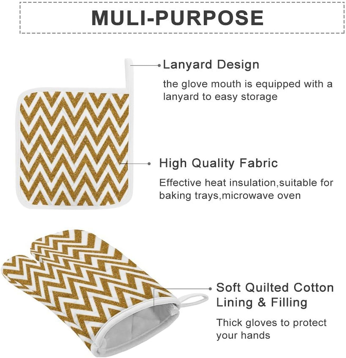 3PCS Oven Mitts and Pot Holders Sets, Gold Glitter and White Chevron Stripes Oven Mitts Set Heat Resistant Kitchen Microwave Gloves Safe for Baking,Cooking, BBQ