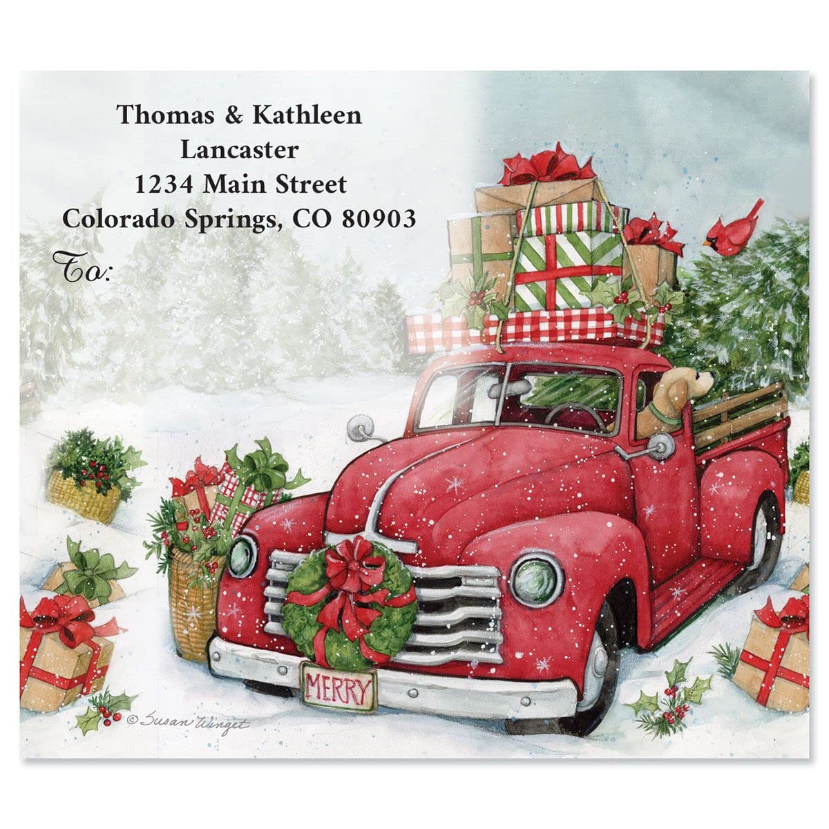 Trucking Along Holiday Personalized Package Labels by Susan Winget - Set of 36, Self-Adhesive, Flat-Sheet Christmas Address Labels