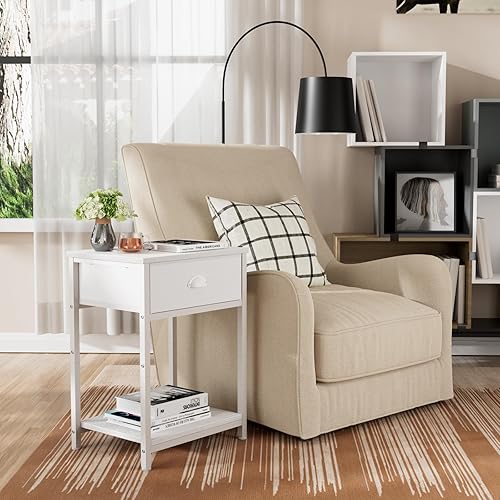 Miniatura 8 de Furologee Juego de 2 mesitas de noche blancas, mesa auxiliar con cajón de tela, mesa auxiliar pequeña para espacios pequeños, estantes de