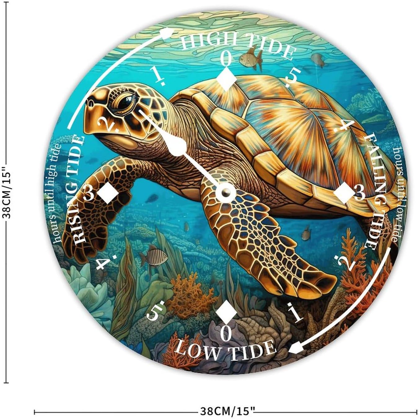 Sea Turtle Tide Clock Silent Non-Ticking Battery Operated Wooden Moon Tidal Clock Wood Wall Art Nautical Tide Movement Clock for Restaurant Living Room Home Decor 15 Inch