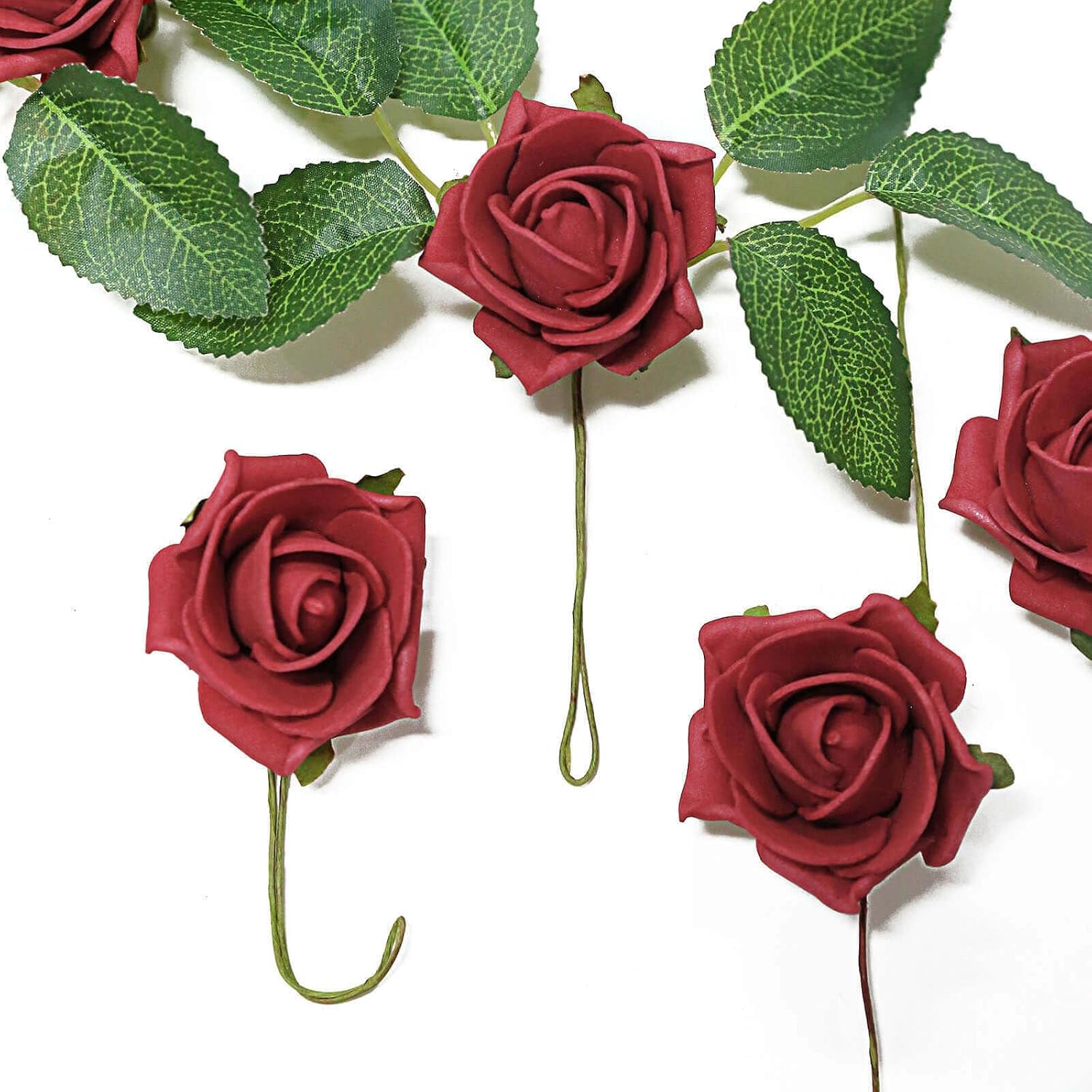 Efavormart Pack of 24 | 2-Inch Red Artificial Foam Roses with Stems and Leaves, Vibrant Real Touch Flowers for Valentine's Day and Romantic Anniversaries