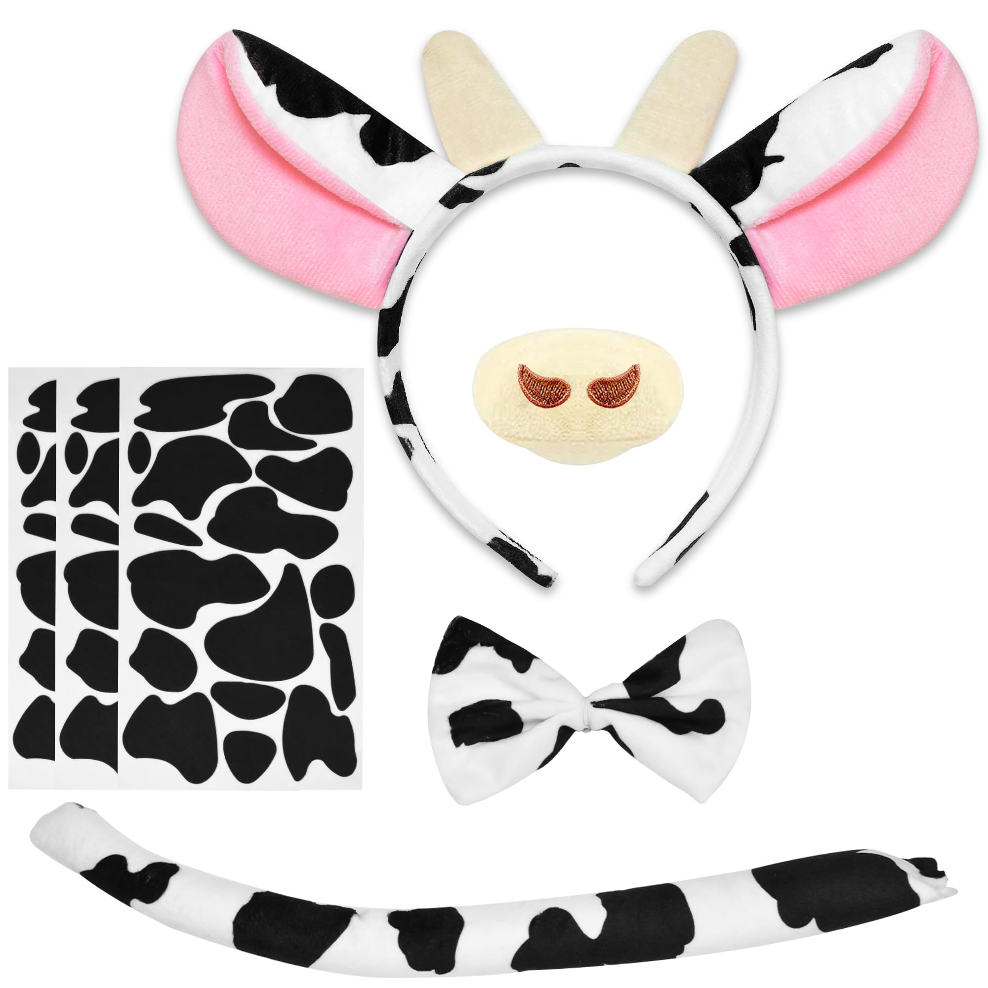 Cow Costume Set, Cow Ears Headband Bowtie Tail and 51 Pcs Felt Adhesive Pads for Halloween Cosplay DIY