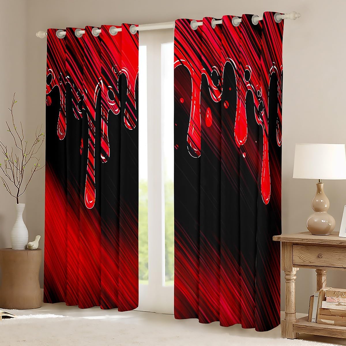 Feelyou Abstract Darkening Dreapes Kids Ombre Red Black Curtains for Bedroom Living Room Modern Art Blackout Curtains Drop-Shaped Window Treatments (2 Panels, 42 x 63 Inch)