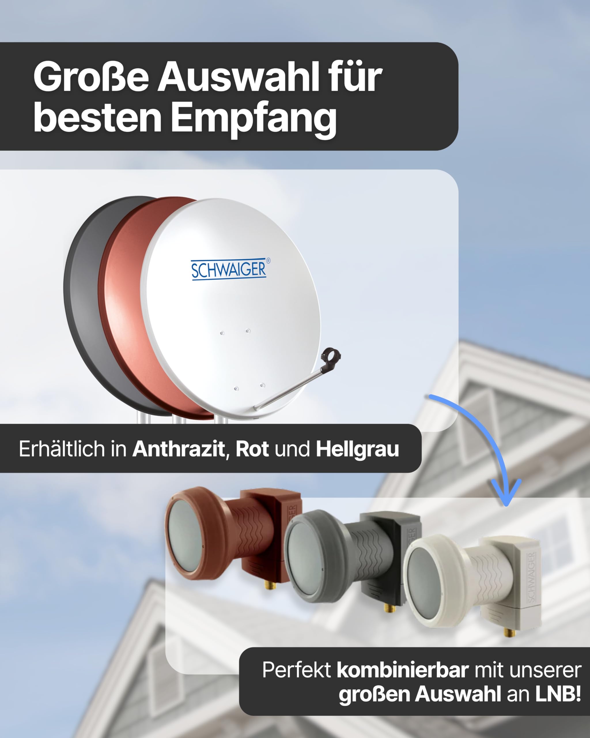 SCHWAIGER Satellitenschüssel I Ø 40 cm Stahl Offset Antenne in hellgrau I Multifeed geeignet & wetterfest I SAT Schüssel mit LNB Tragarm & Masthalterung I maximale Empfangsleistung 32,6dB