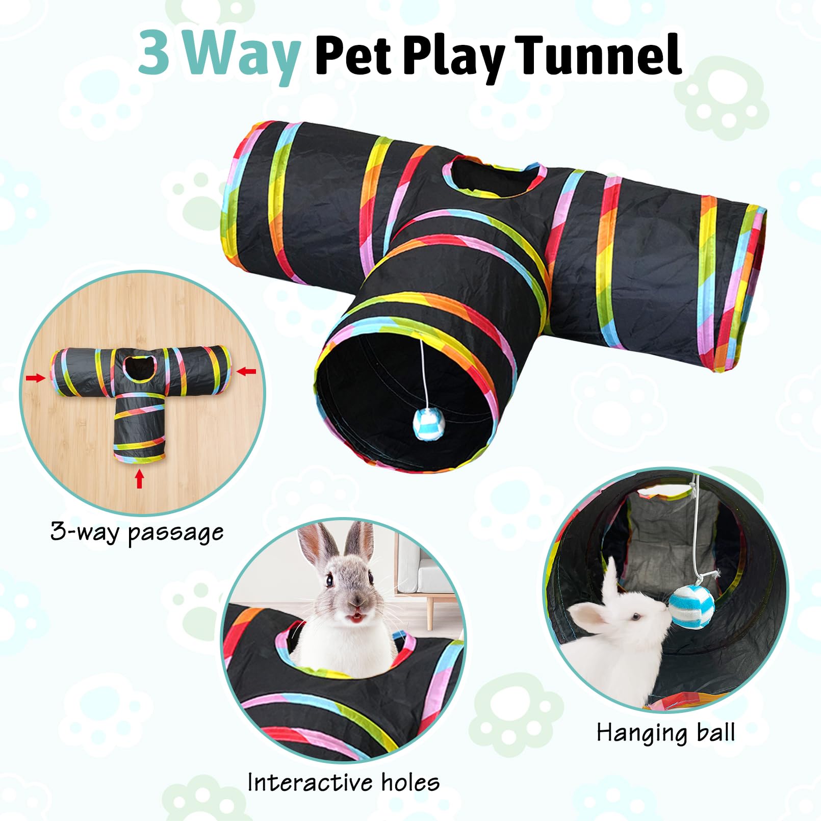 Bissap Kaninchentunnel Faltbar – 3-Wege Spieltunnel Für Kaninchen, Meerschweinchen & Katzen, Inkl. Spielball
