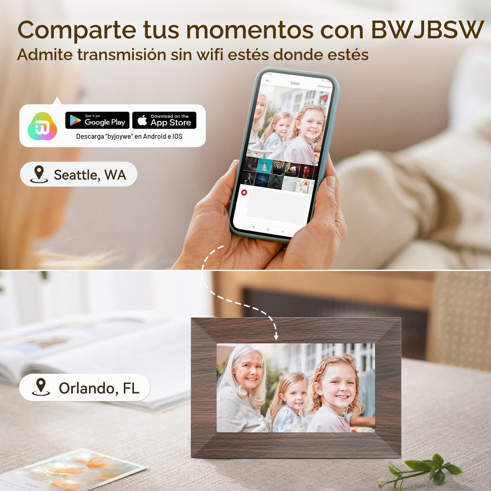 Marco de Fotos Digital, WiFi Marco Digital 7 Pulgadas, HD IPS Pantalla Táctil, Memoria Integrada de 32 GB, Rotación Automática, Comparte Fotos y Vídeos al Instante Via App, Opción para Regalo