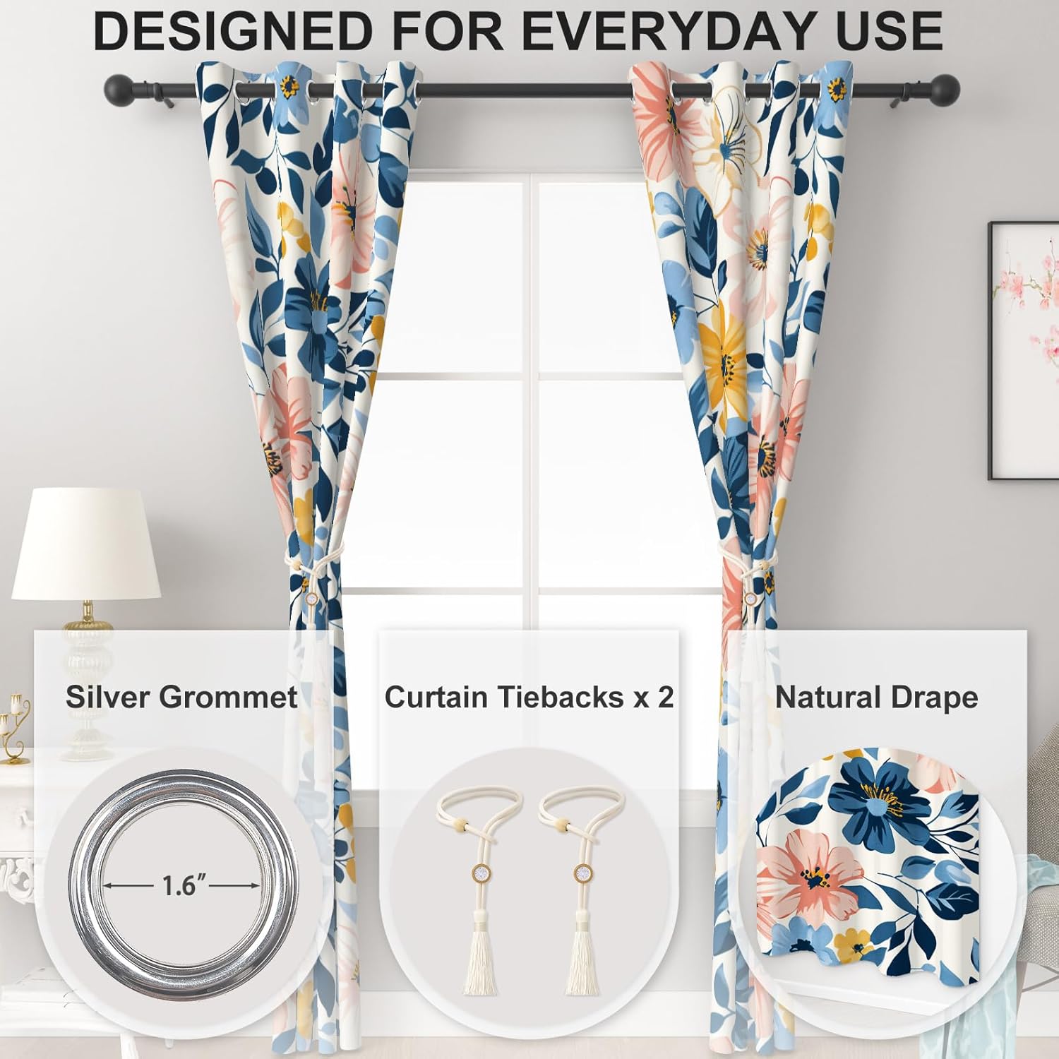 Blackout Curtains for Bedroom Living Room, Spring Thermal Insulated Floral Darkening Drapes for Nursery, Grommet Soundproof Pattern Black Out Curtains 84 Inches Long 2 Panels Set with Curtain Tiebacks