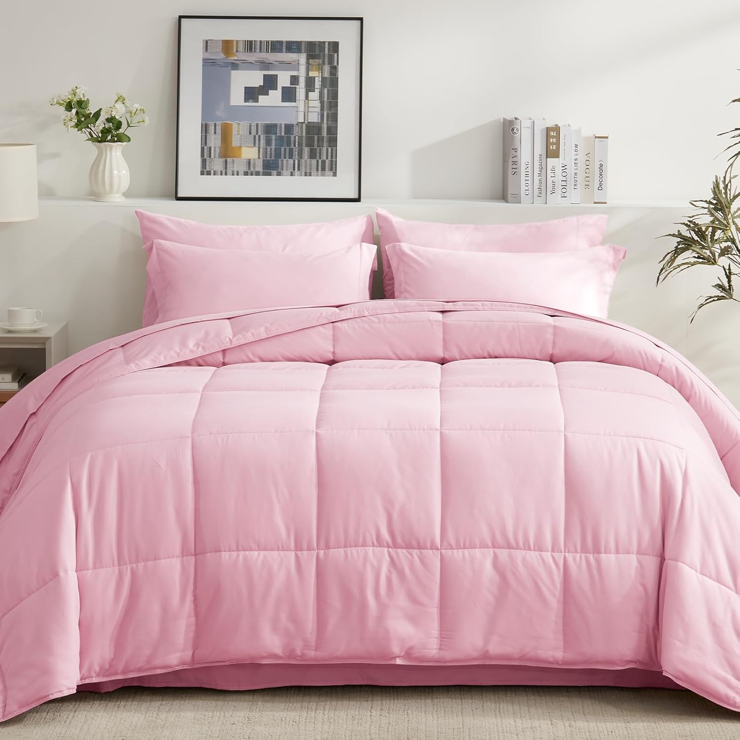 COZYART Queen Comforter Set 7 Pcs, Pink Bed in a Bag, All Season Lightweight Soft Reversible Bedding Set, 1 Comforter, 1 Flat Sheet, 1 Fitted Sheet, 2 Pillow Shams, 2 Pillowcases