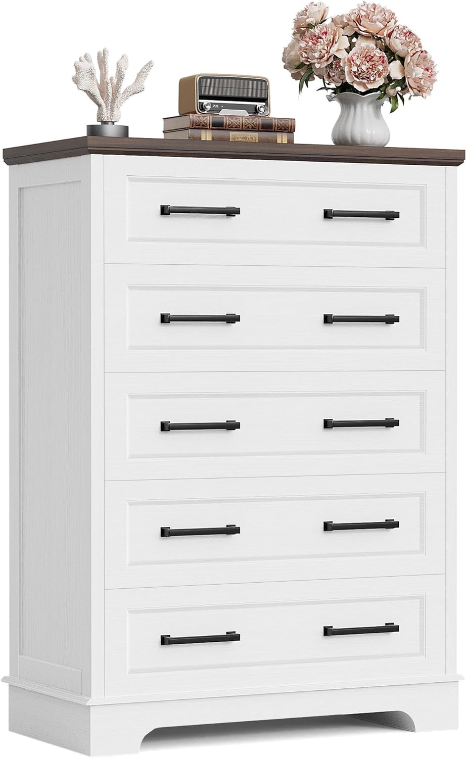 Furmax Farmhouse Dresser for Bedroom, 5 Drawers Dresser, Wood Chest of Drawers, 52" Wide Storage Dressers Organizer for Bedroom, Living Room (White and Brown)