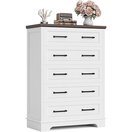 Furmax Farmhouse Dresser for Bedroom, 5 Drawers Dresser, Wood Chest of Drawers, 31.5" Wide Storage Dressers Organizer for Bedroom, Living Room (White and Brown)