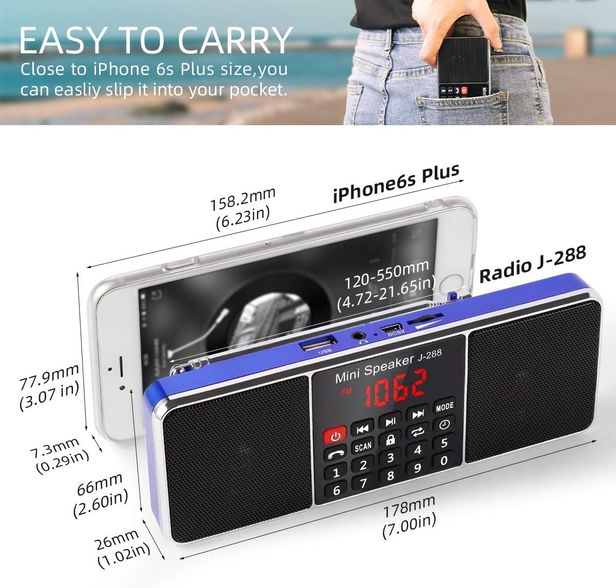 PRUNUS J-288 radio dimensions compared to an iPhone 6s Plus, showing its compact size.