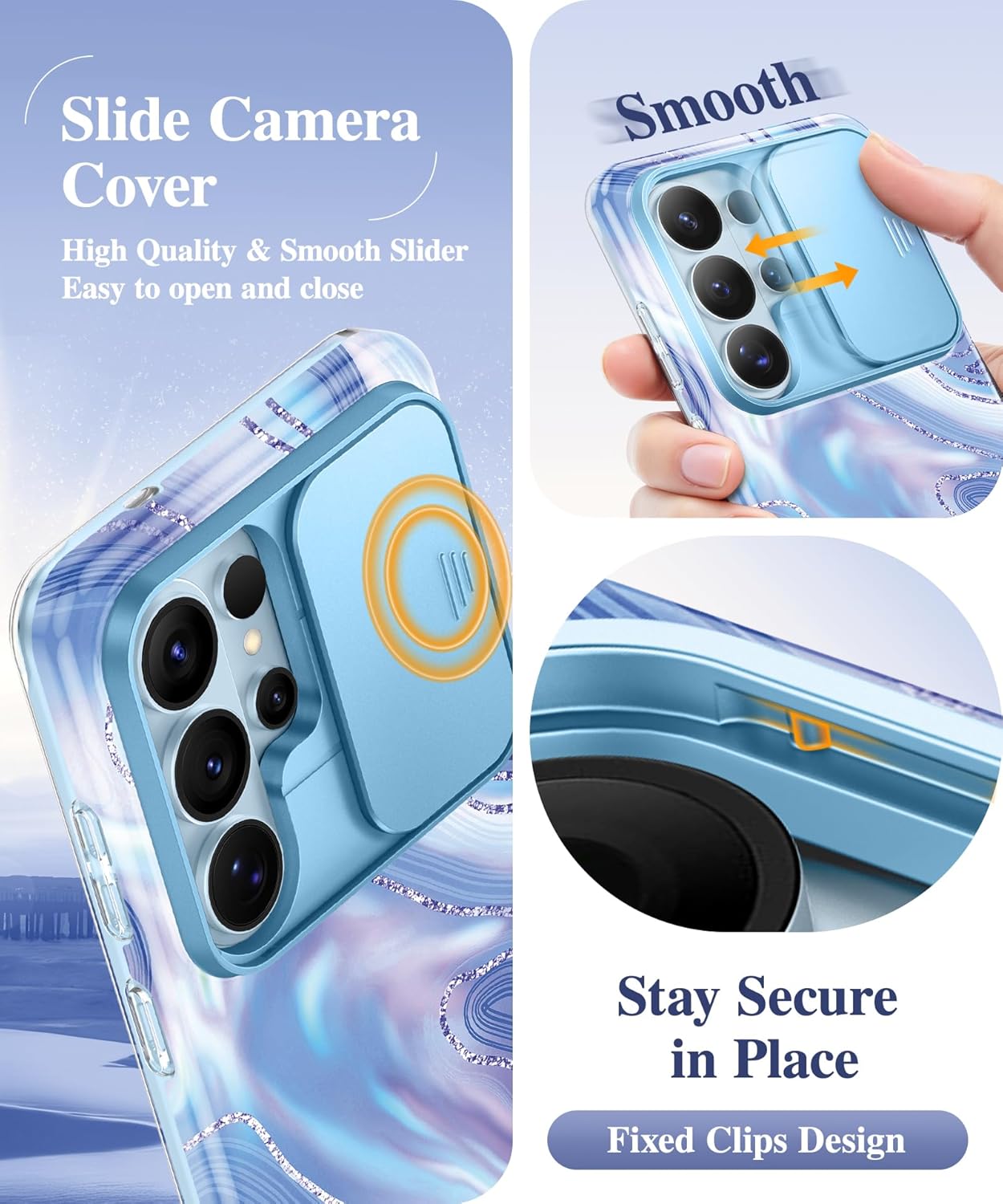 GVIEWIN for Samsung Galaxy S26 Ultra Case, [Slide Camera Cover & Built-in HD Screen Protector] [2 Front Frames] Shockproof Military Grade Protective Marble Phone Case S26 Ultra 6.9"(Aurora/Azure Blue)