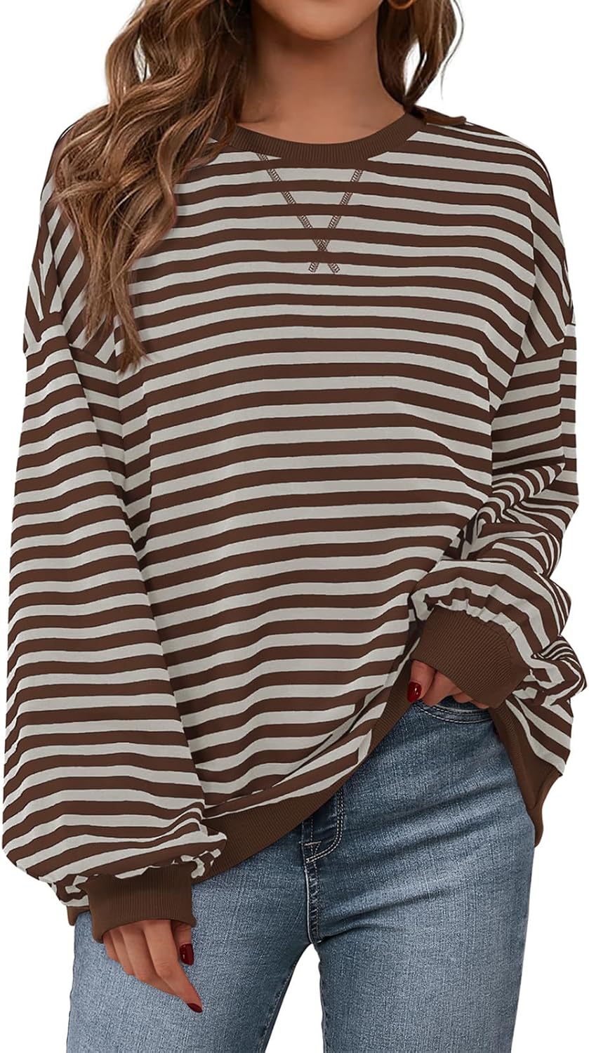 PRETTYGARDEN Womens Striped Oversized Sweatshirt Color Block Crew Neck Long Sleeve Casual Loose Pullover Top Y2K Clothes