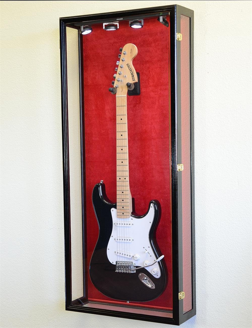 sfDisplay.com,LLC. Clear Viewing Guitar Display Case Fender Acoustic Electric Cabinet Rack Holder (Black Finish, Red Background)