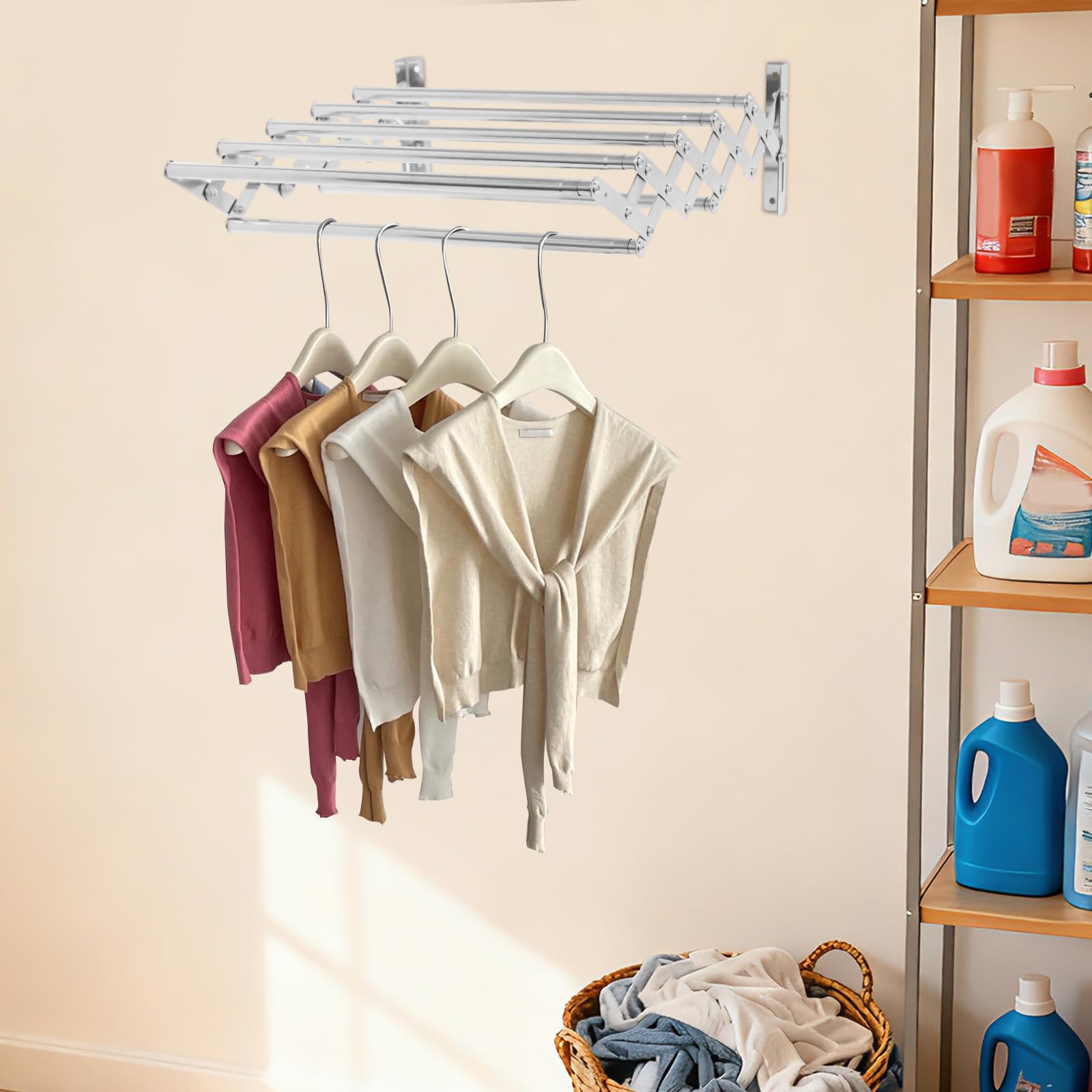 Stendibiancheria da parete in acciaio inox, pieghevole, stendibiancheria da parete con 5 aste, portasciugamani in metallo per bagno, larghezza 42-80 cm