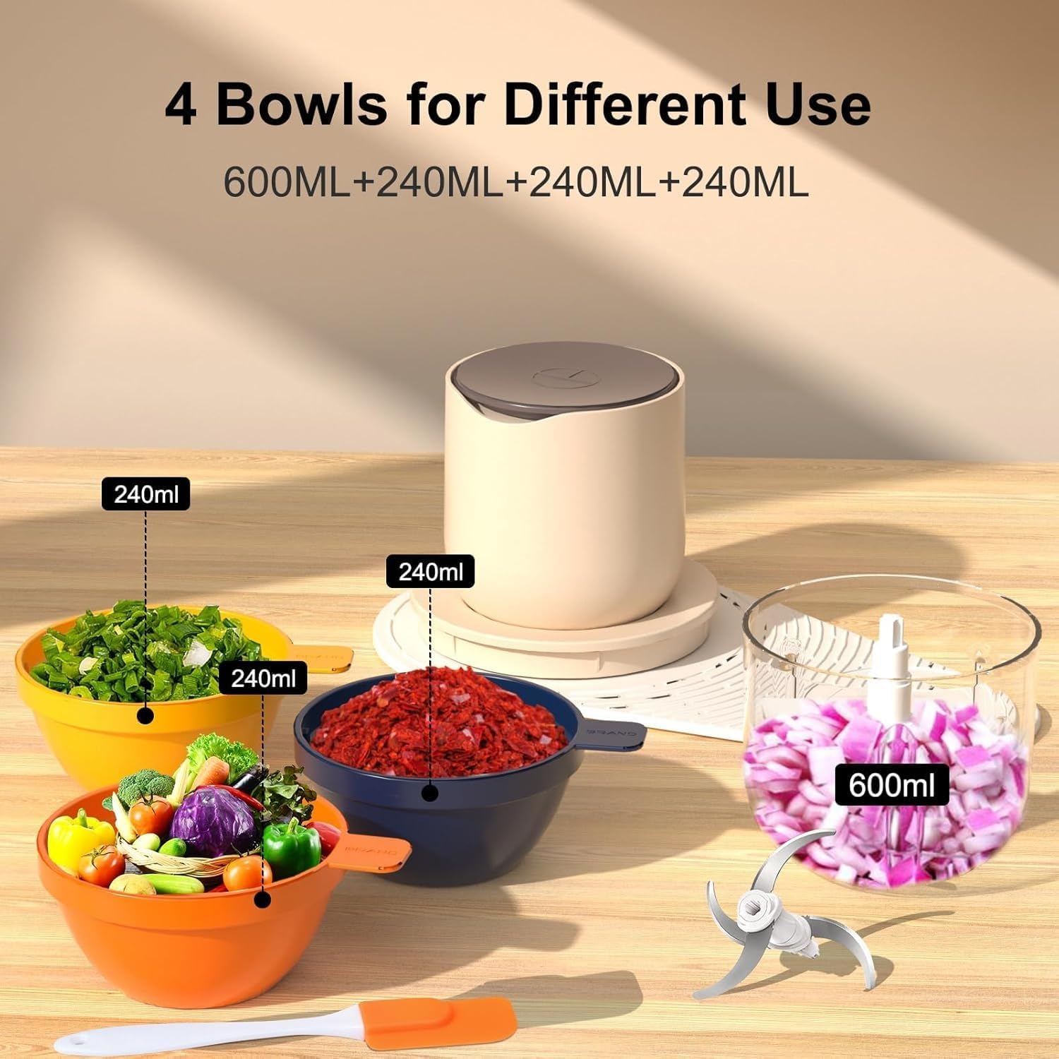 USB Charging Electric Food Processor - 600ML with 3 Additional 240ML Bowls | Compact Blender, Vegetable Chopper, and Meat Grinder for Versatile Kitchen Use (600ml Beige)