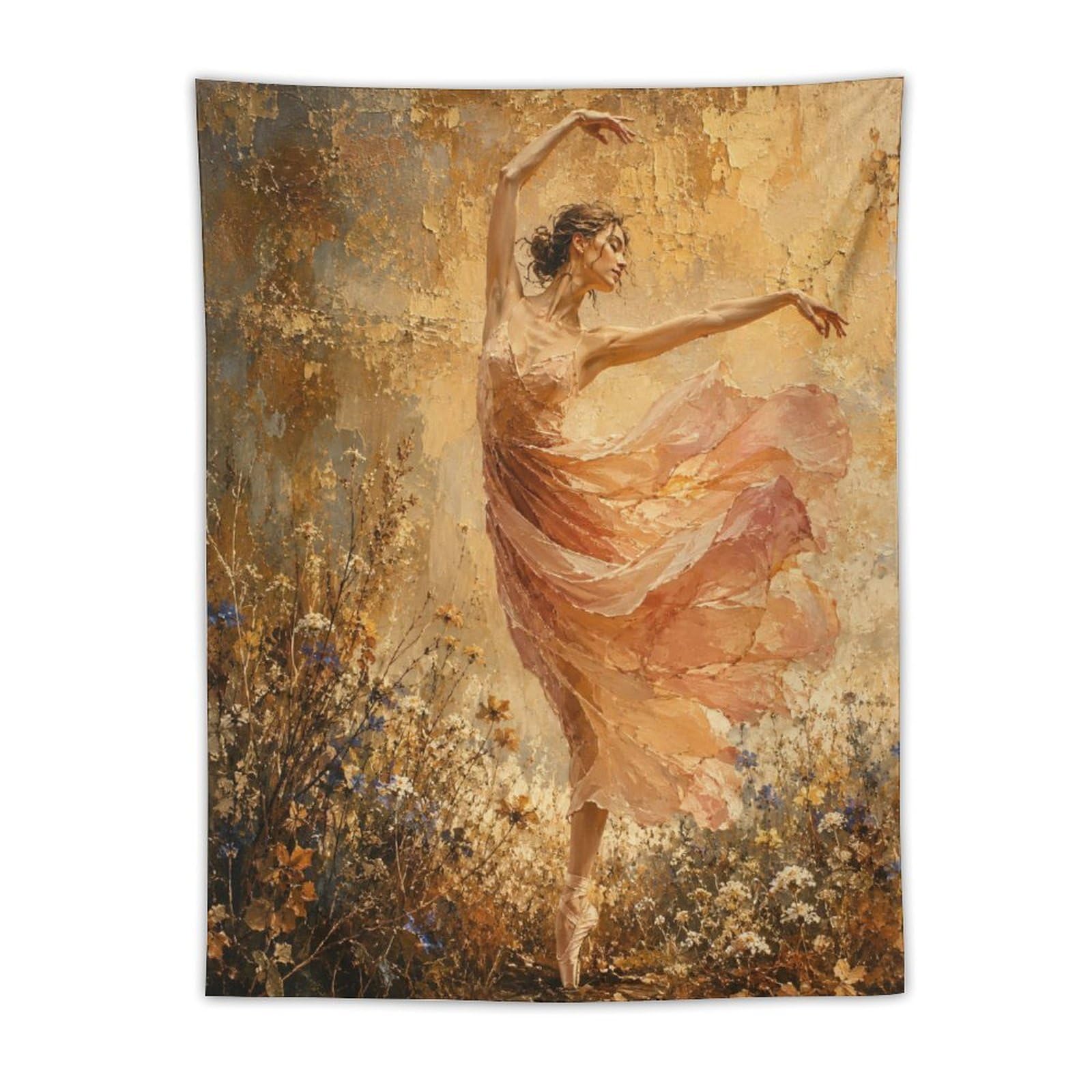 W7C8U2X3 Peach Floral Ballerina Wall Tapestry, Impressionist Style
