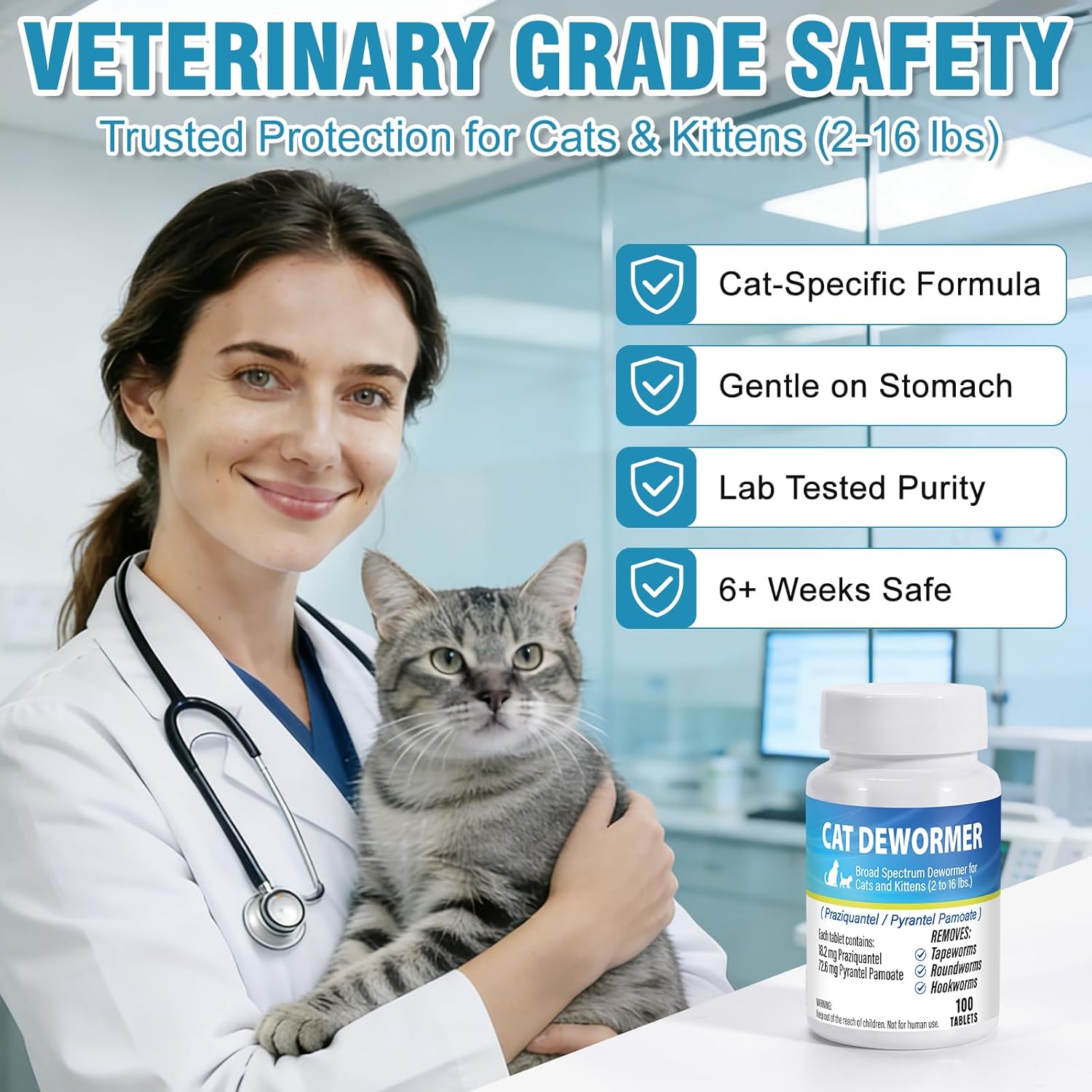Broad Spectrum Dewormer for Cats & Kittens, Praziquantel & Pyrantel Pamoate Formula for Cats 6+ Weeks, Fast-Acting Treatment for Tapeworms, Roundworms & Hookworms, 100 Tablets