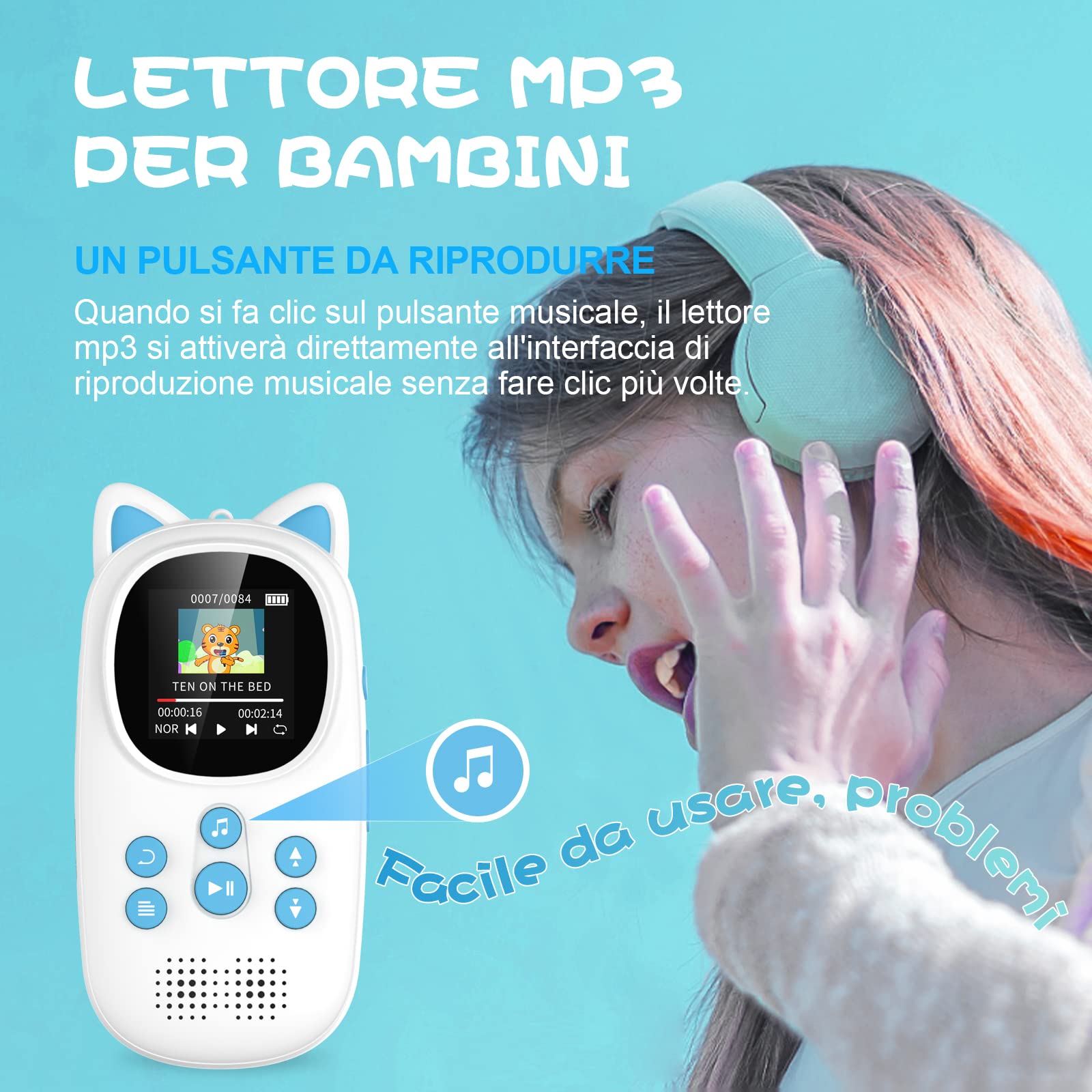 32GB Lettore MP3 Bluetooth 5.0 per Bambini, Oilsky MP3 Lettore Musicale Portatile per Lo Sport con 750mAh, Altoparlante HD Integrato, Radio FM (Blu)