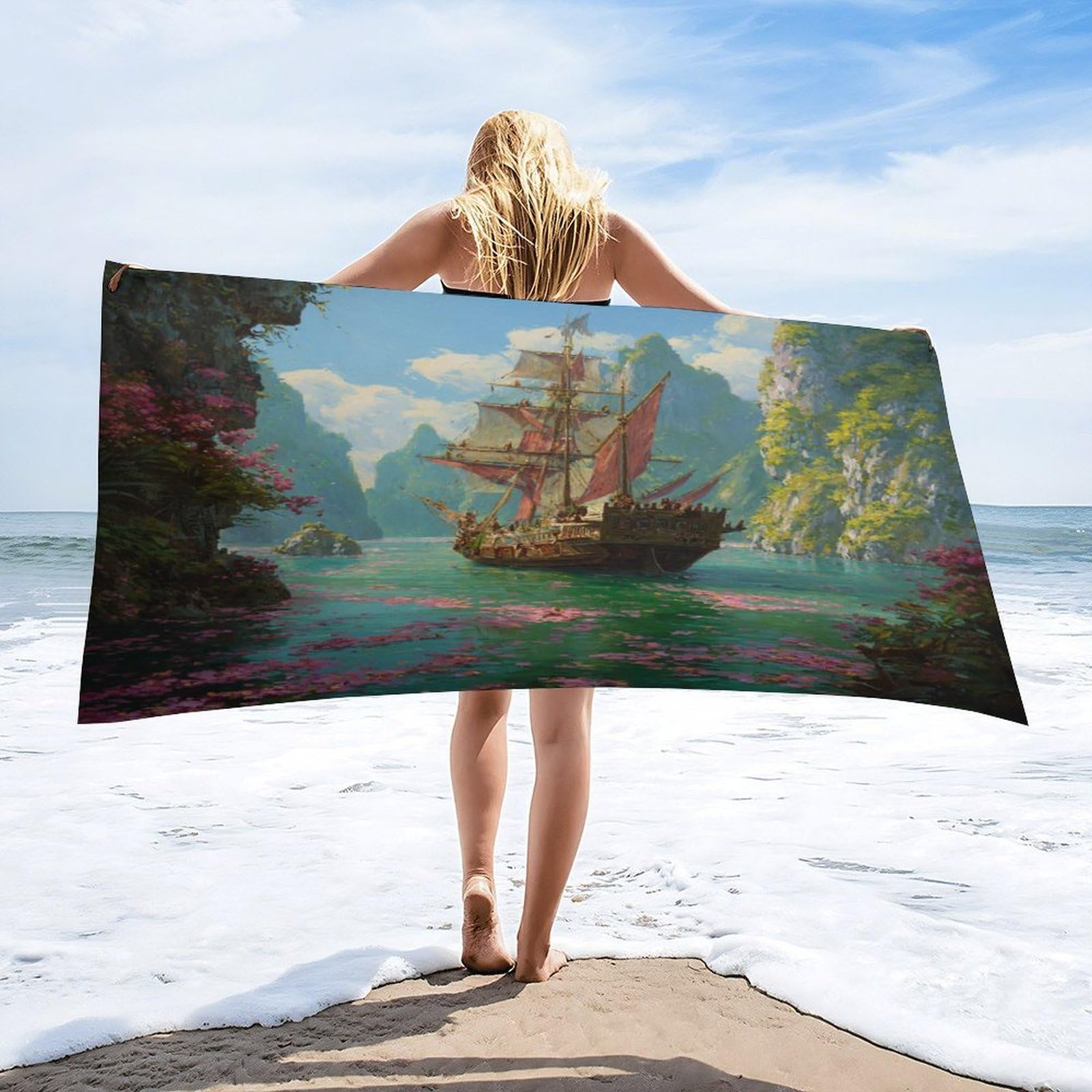 Luyysky Rustic Modern Pirate Ship Absorbent Beach Towel, Classic Fantasy Nautical Tropical Cliff Sea Boat Plant Flowers Outdoor Single-Sided Velvet Beach Towel-80 W Cm X 160" L Cm