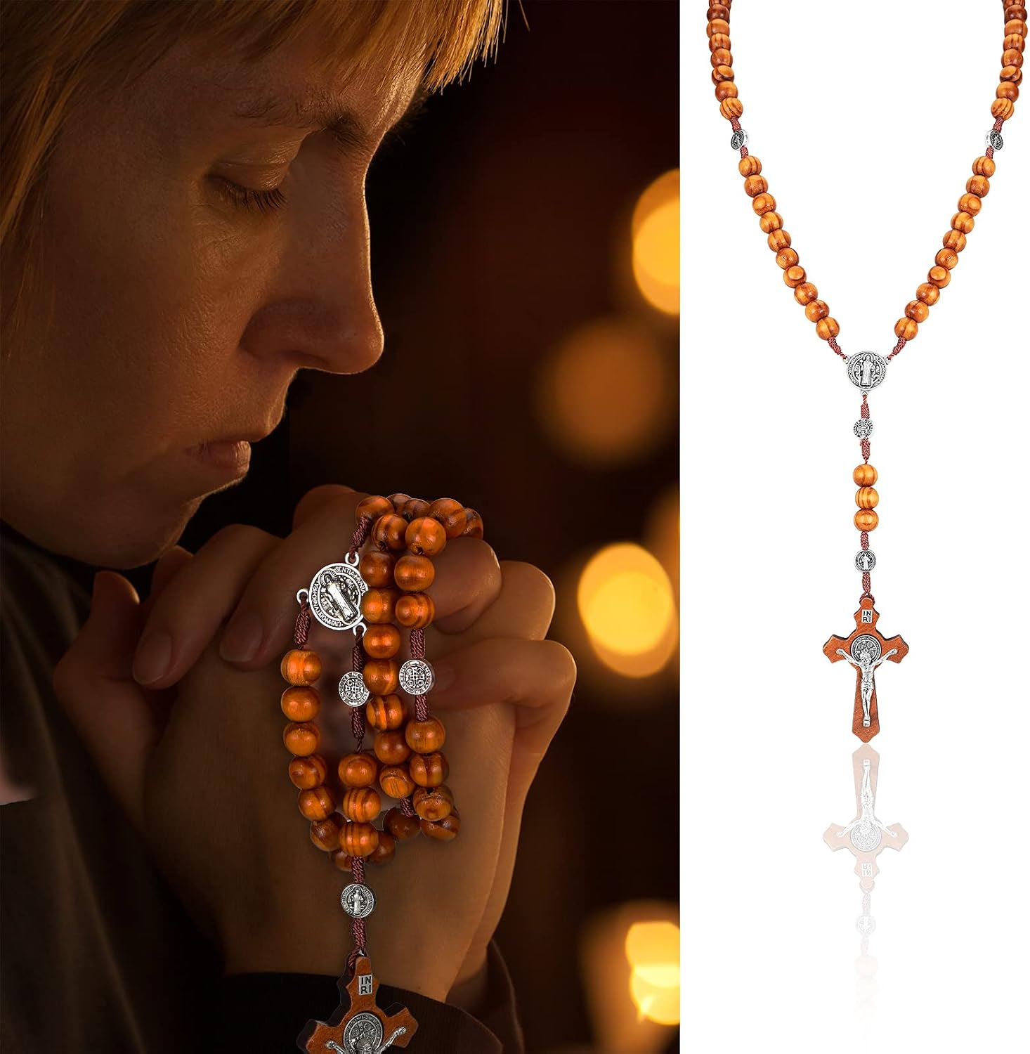 Hicarer Olive Wood Rosary Necklace with Cross Beads and Flannel Bag for Men and Women (Brown), as pictures show - Image 5