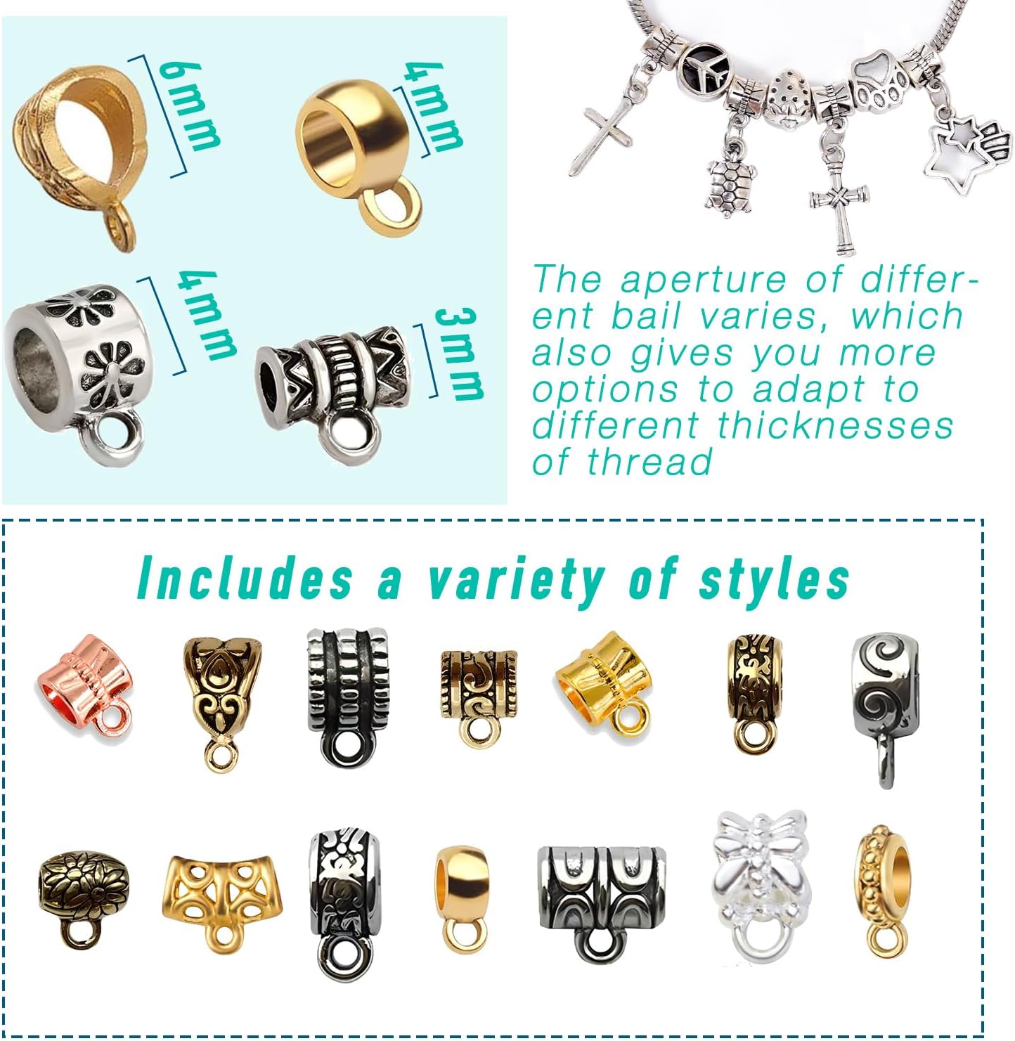 stino 140Pcs Metal Spacer Bail Beads, Silver & Gold Plated Charm Hanger Clasps with Loops for Bracelet, Jewelry Making Findings (Mixed Color)