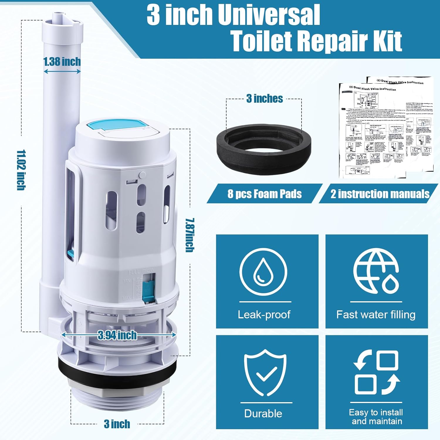 VIHOSE 8 Pcs 3 Inch Toilet Flusher Replacement Kit Universal Dual Flush Valve Replacement 7.87 Inch Height Valves Repair Parts Tank Parts Standard Internal Tank Accessories for Easy to Install