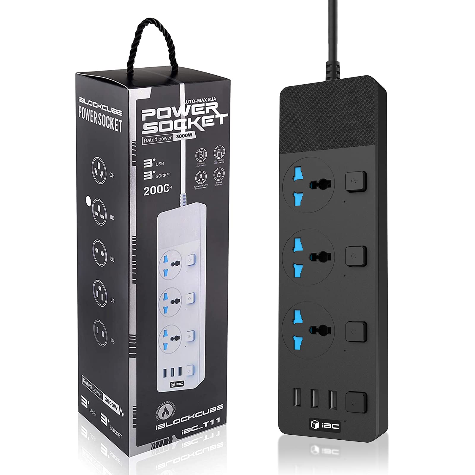 iBlockCube Extension Lead 2M with 3 Way UK Outlets 3 USB Slots Surge