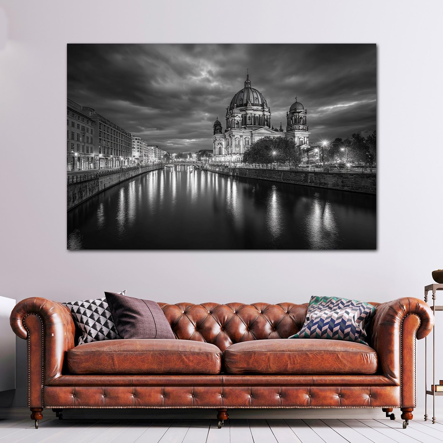 ARTEDinoi Berliner Dom Spree Wolken Spiegelung schwarz weiß Leinwandbild XL | Berliner Dom mit Kuppel an der Spree