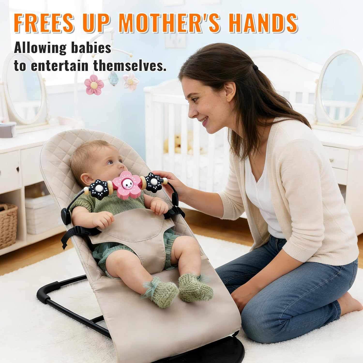 THE KENKYO Baby Bouncer Toy Bar Compatible with Baby Bjorn, Wooden Bouncer Toy Bar Attachment for Girls Boys, Fun Sensory Learning Toys for Toddler, Spinning Toys for Neworn Shower Gift