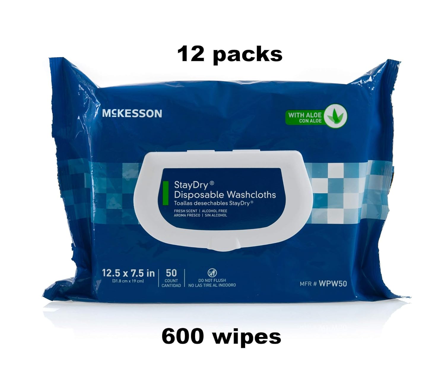 McKesson StayDry Disposable Wipe - Large Adult Body and Incontinence Washcloths with Aloe and Vitamin E, Alcohol-Free, 50 Wipes Per Pack