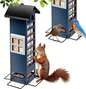 Squirrel Proof Bird Feeder for Outside, Heavy Duty Metal Wild Bird Feeders with Weight Activated Perches, 2LB Large Capacity Mesh Birdfeeder Garden Yard Decor - Blue