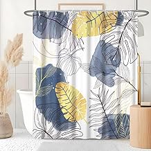 Anti-Mould Shower Curtain, 180 x 180 cm, Navy Blue, Bohemia, Tropical Abstract Palm Leaves Bath Curtain, Washable Fabric, Waterproof, Bath Curtains with 12 Hooks