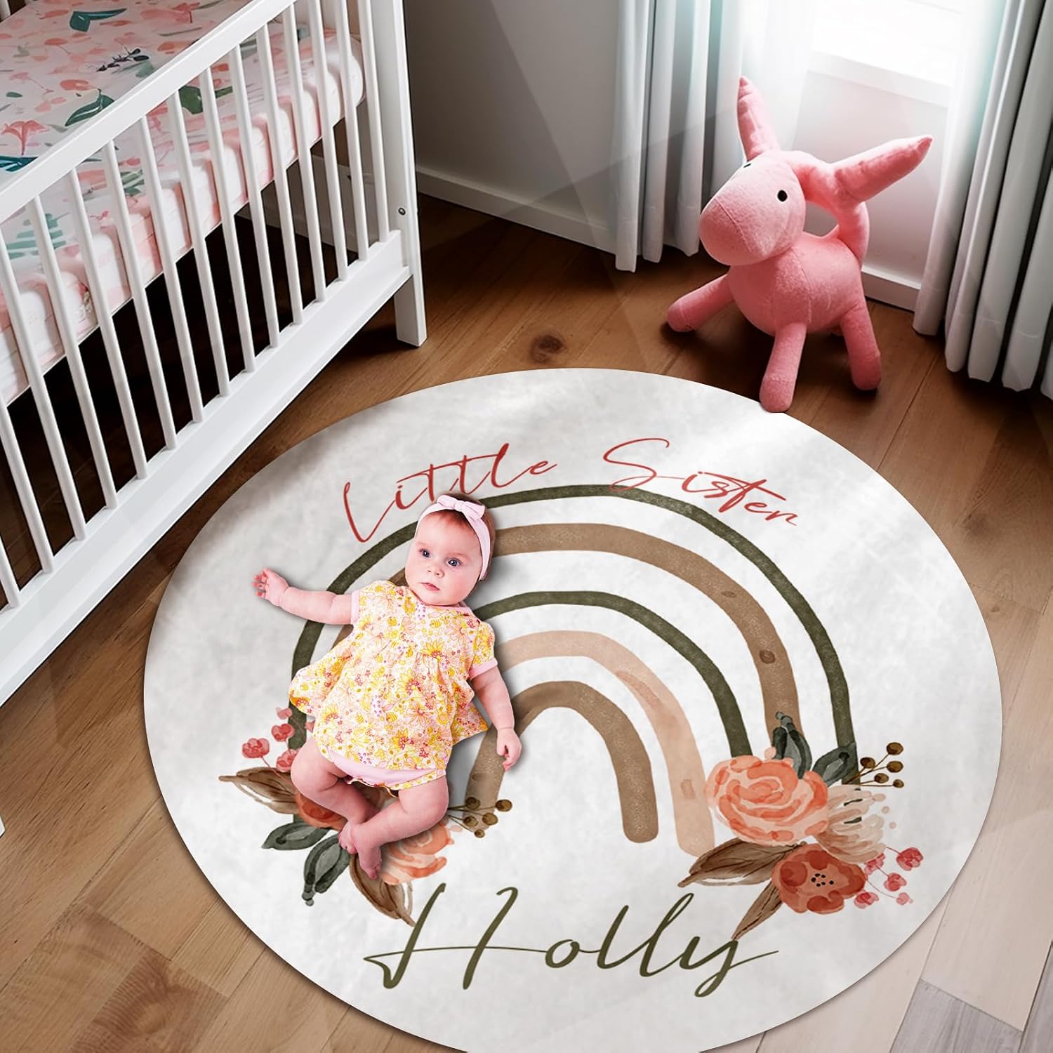 Custom Name Baby Rug - Nursery Mat for Baby Boys & Girls - Tummy Time & Crawling Mat - Round Rugs - Fits Nursery & Bedroom - Rainbow Flower (39.37"X39.37")