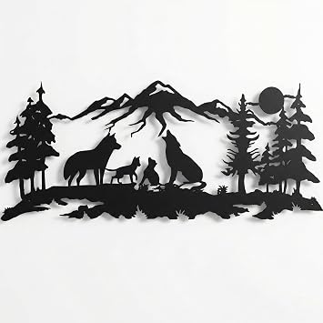 DEKADRON Metal Wall Art ، Metal Wolves Family Art ، Nature Wall Art ، Wolf ، Mountain and Tree Decor ، Metal Wall Decor 47 "W x 20" H / 117x51 cm