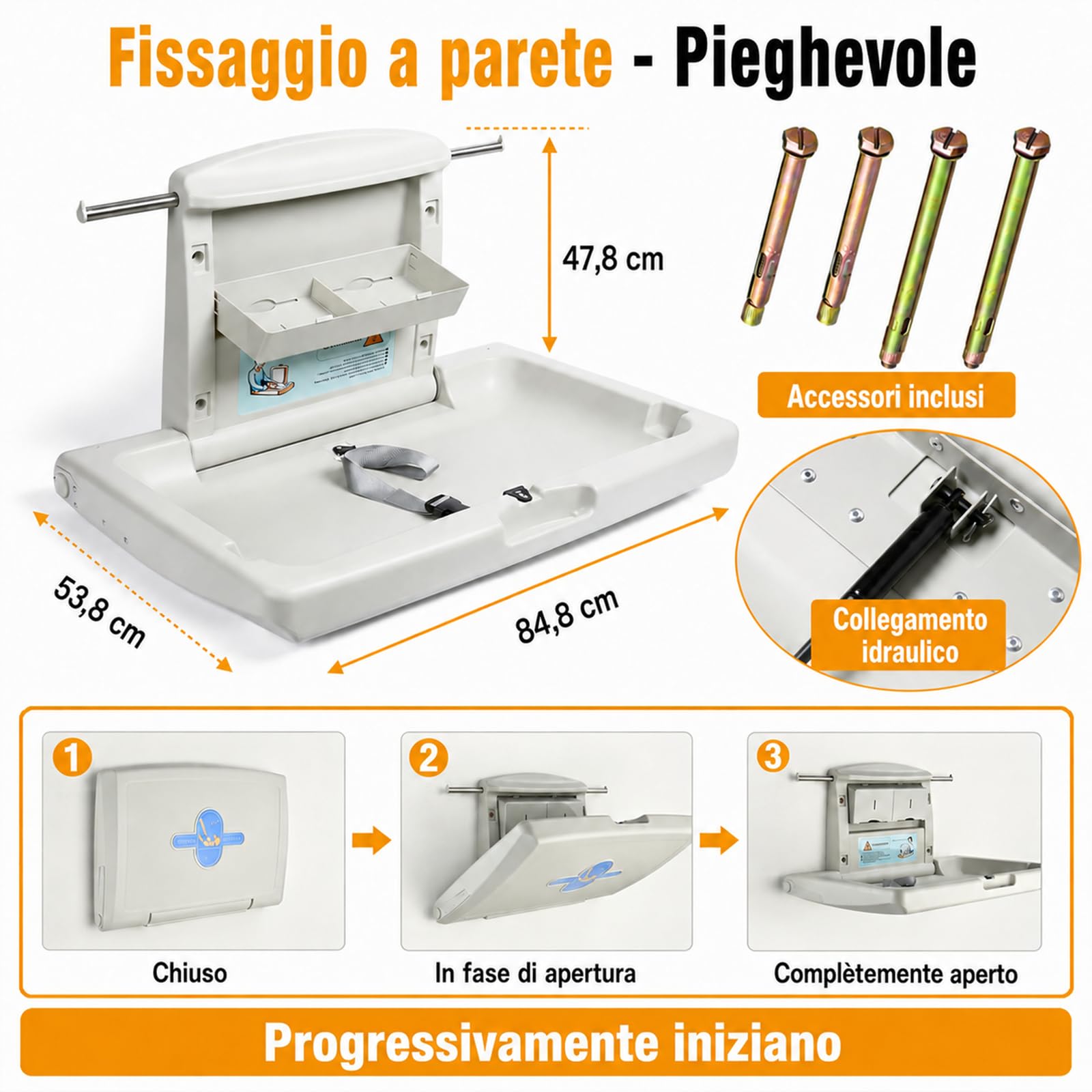 Fasciatoio commerciale da parete, tavolo pieghevole per il cambio del pannolino per bagno pubblico con cinghia di sicurezza regolabile, doppi ganci laterali e scatole pieghevoli