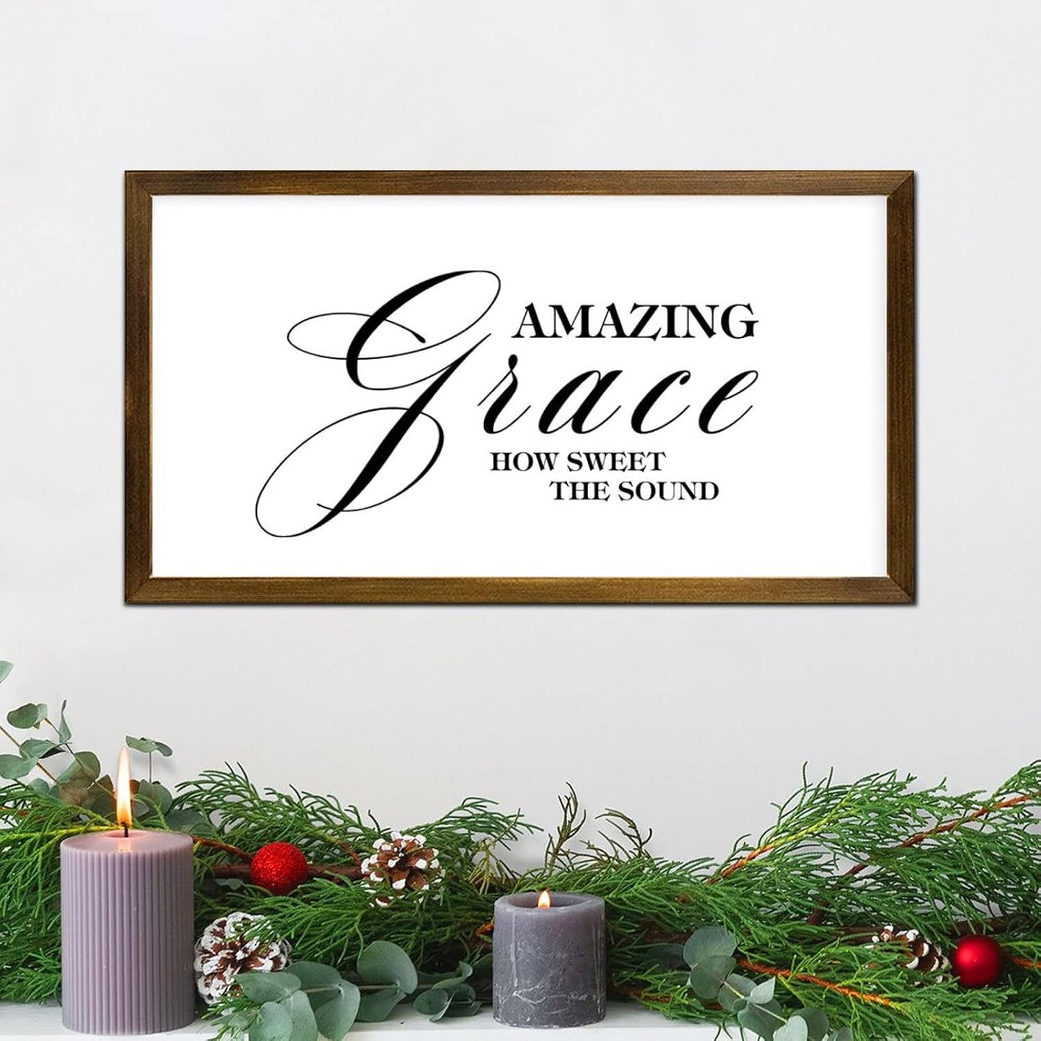 Bible Verse Christian Scripture Framed Wood Wall Sign Amazing Grace How Sweet The Sound Wood Frame Wall Signs Farmhouse Sign Wall Decor Framed Wood Sign for Living Room 12x22in