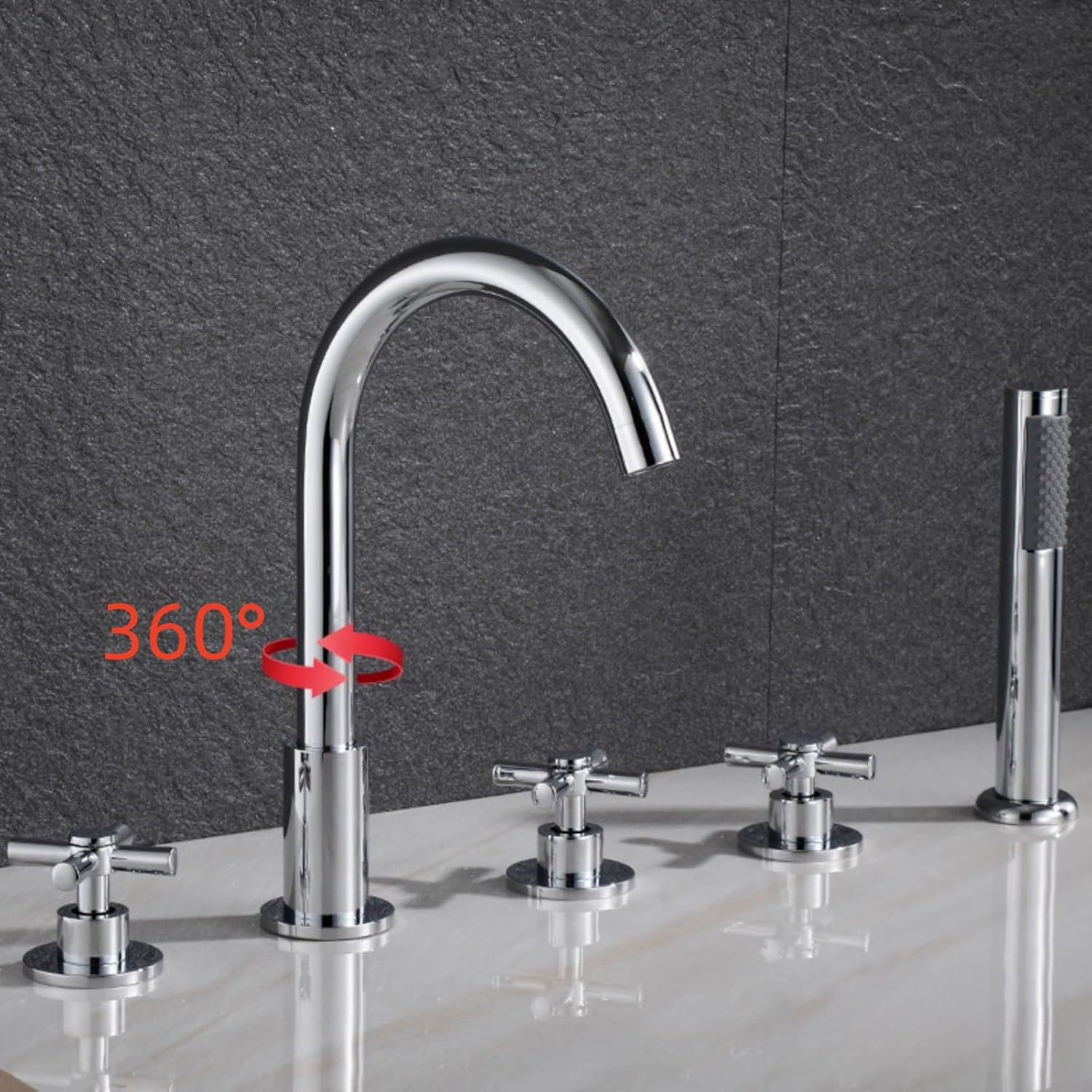 シャワーヘッドセット、5ホールバスシャワーミキサータップゴールドグースネックバスタブミキサータップ付きシャワーヘッドクロスハンドル、