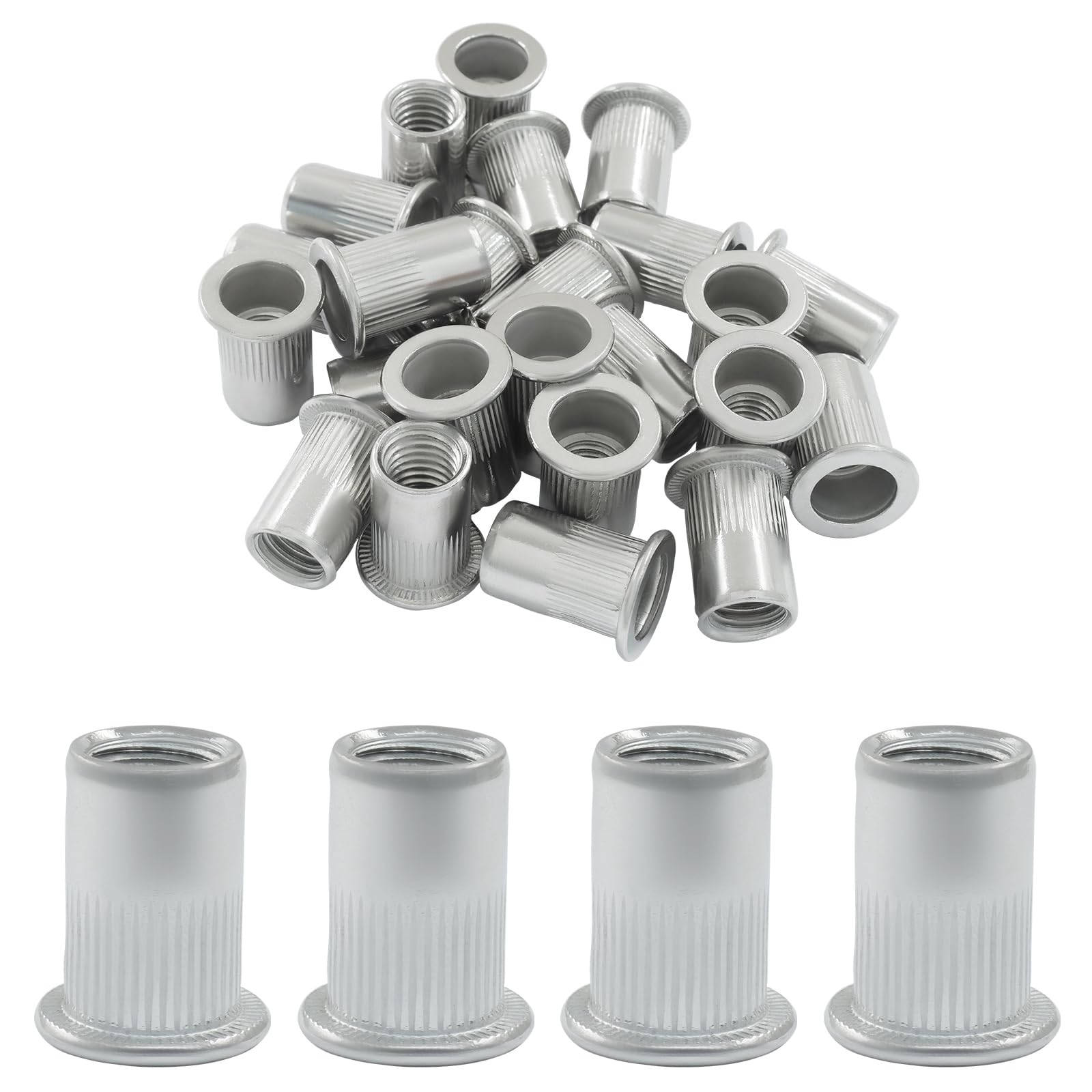 30Pcs M10 Rivet Nuts - 304 Stainless Steel Flat Head Knurled Threaded Insert Nutsert for Metal Plastic, Wood, Bright Finish, Machine Thread