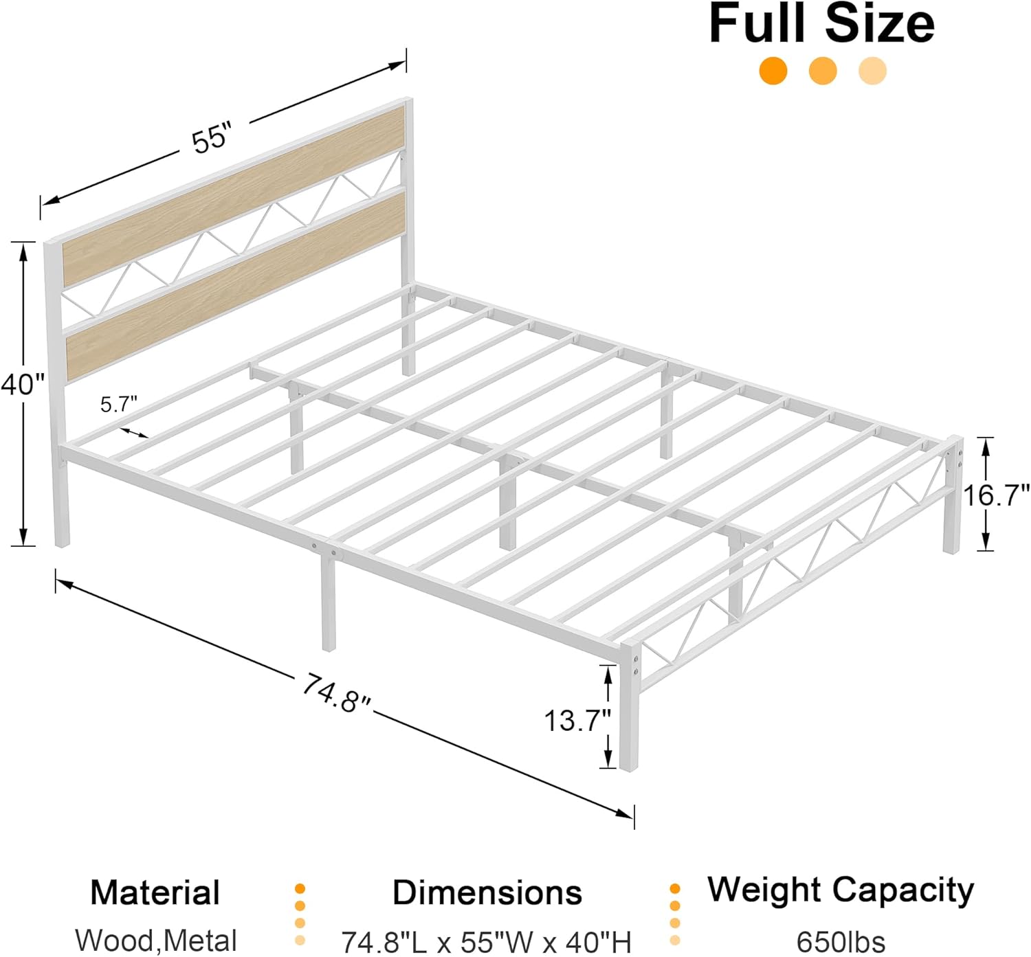 VECELO Full Size Bed Frame with Headboard, Heavy-Duty Platform Bedframe with Metal Slats Support, No Box Spring Needed, Easy Assembly, White & Natural