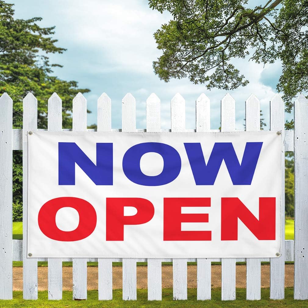 Vinyl Banner Multiple Sizes Now Open Blue Red A Business Outdoor Weatherproof Industrial Yard Signs 4 Grommets 16x40Inches