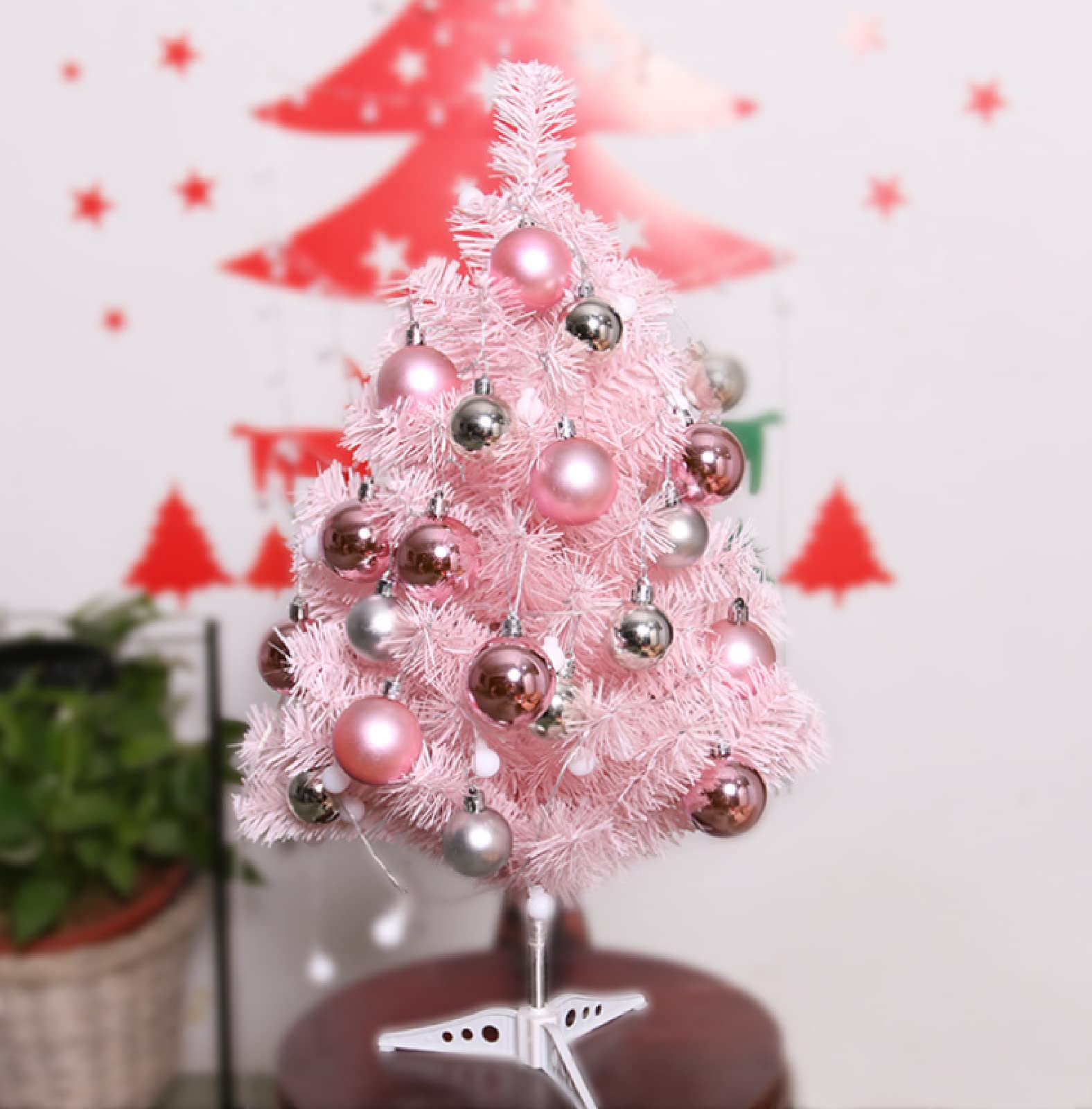 Albero di Natale Pino Ecologico e Ignifugo,Super Folto Abete Natale Artificiale,Piccolo Albero di Natale Rosa, Mini Decorazione da Tavolo,Rosa,60CM