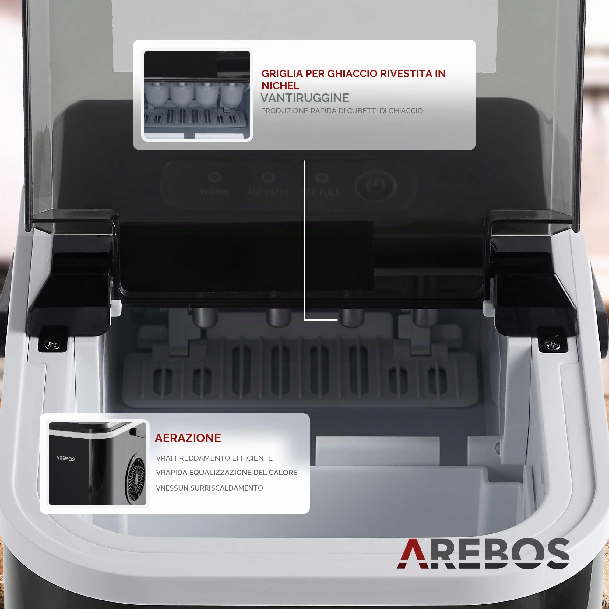 Arebos Fabbricatore di cubetti di ghiaccio | 12 kg / 24 h | Tempo di produzione di 10-15 minuti | Serbatoio dell'acqua da 1,1 litri | Silenzioso | Funzione autopulente | Nero