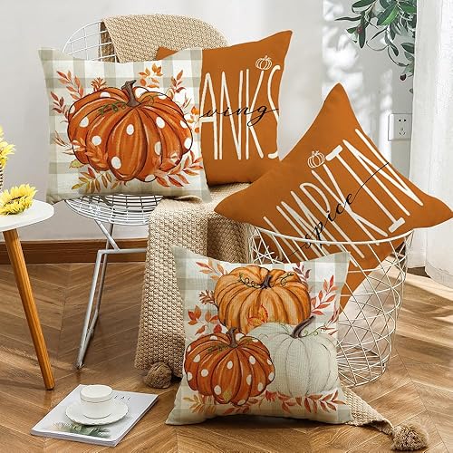 Miniatura 2 de Fundas de almohada de otoño con diseño de calabaza y hojas de arce naranja para el hogar, 18 x 18 pulgadas, decoraciones de agradecimiento bendecido