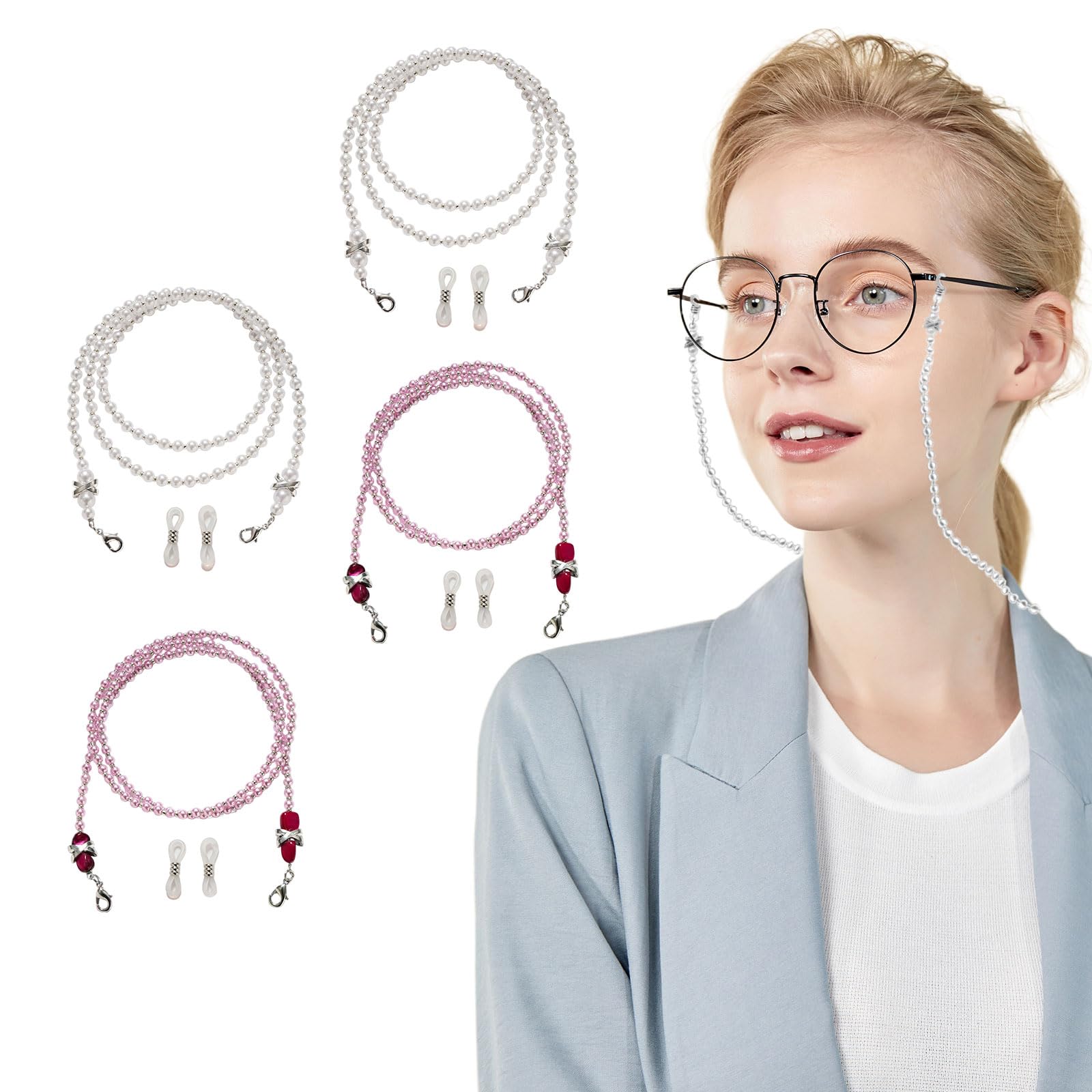 EUPSIIU4 Piezas Cadena de Gafas, Cadena de Gafas Mujer, Cadenas de Gafas de Abalorios, Ajustable Cordones de Gafas, Antideslizante Cadena Gafas, para Lectura Alrededor