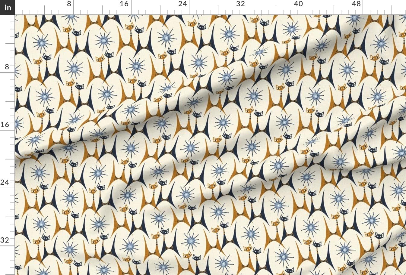 Spoonflower Fabric - Retro Cats Mid Century Kittens Starbursts Atomic Starburst Sky Blue Printed on Upholstery Velvet Fabric by The Yard - Upholstery Home Decor Bottomweight Apparel