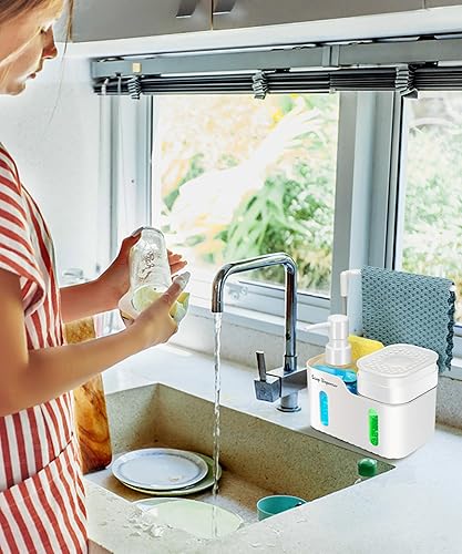 Miniatura 4 de Juego de dispensador de jabón de manos y jabón para platos para cocina, dispensador de jabón doble con soporte para esponja y soporte para paños de