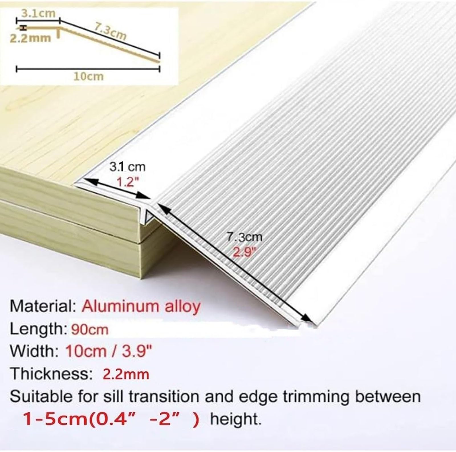 Rampa de umbral de puerta, reductor de entrada de aluminio portátil, tira de transición antideslizante cortable para alfombras, madera, suelos de azulejos