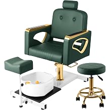 Pedicure Chair No Plumbing, Pedicure Station with Foot Spa Massage Basin, Adjuatable Foot Care Chair with Rolling Stool for Manicure Nail Solon Spa, Green Gold